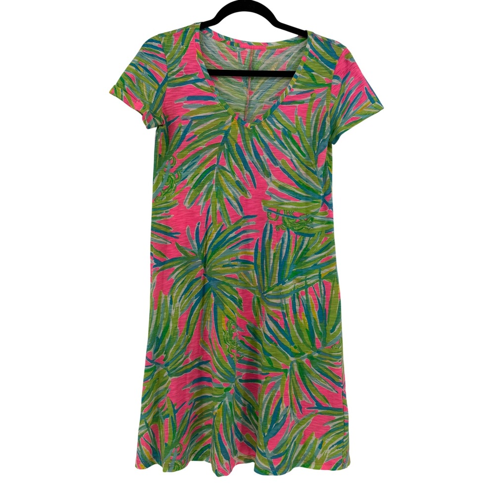 Lilly Pulitzer Womens XXS Pink Green Tropical‎ Palm Print V-Neck Cotton Dress